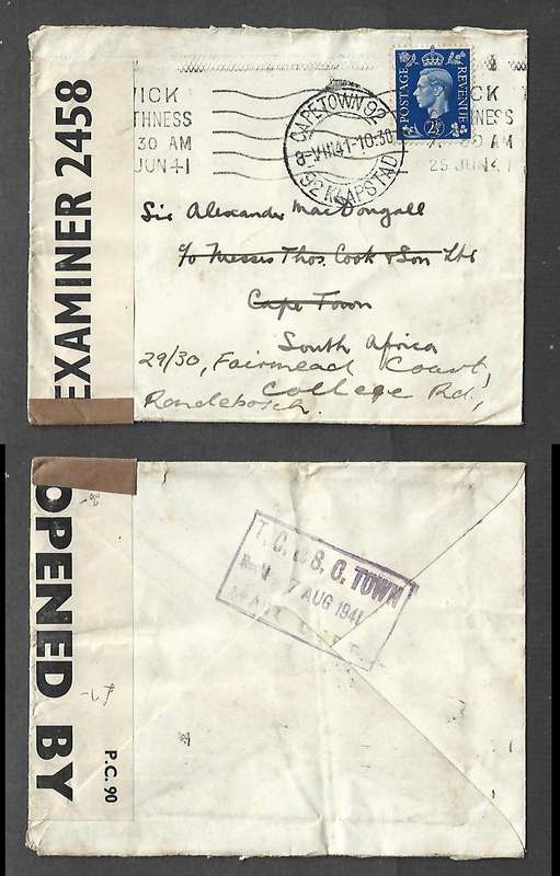 Cover, 2 1/2d, WICK CAITHNESS 25 JUN 41> CAPE TOWN ,T.C.& S.C. TOWN MAIL DEPT 7 AUG 41> RONDEBOSCH