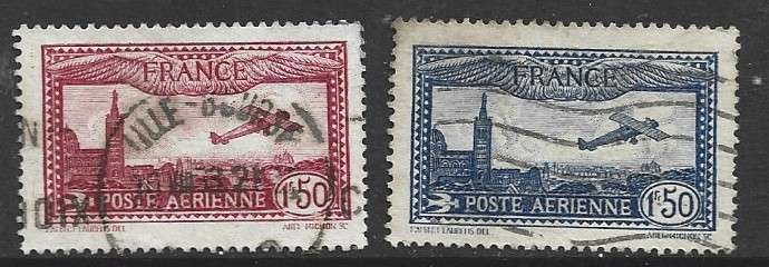 France, 1930, Air, 1F50 red, 1F50 blue, used.
