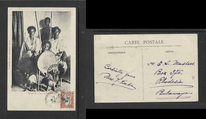 French Somali Coast, Post card DJIBOUTI, Guerriers Dankales, used 4c, DJIBOUTI 21 MAR 08  > Bulawayo