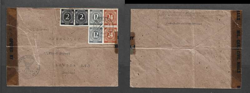 Allied Zone, Germany, cover, 76pf, AUGSBURG 13.11.46c.d.s U.S. CIVIL CENSOR 10614 + tape> London