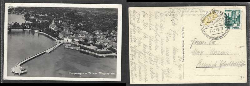 Germany. Wurtemberg 10pf, LANGENARGEN BODENSEE 21.9.49 special c.d.s. local