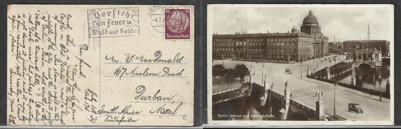 Germany. PPC Berlin castle and bridge, 15pf BERLIN 4.7.39 cds& Dorficht mit feuer in wald und heide