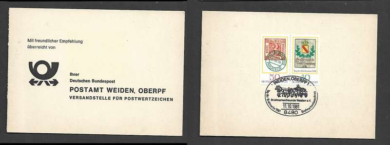 West Germany, folder, Stamp Day Cancel WEIDEN OBERPF 1 11.10.1981 mailing point for postage stamps