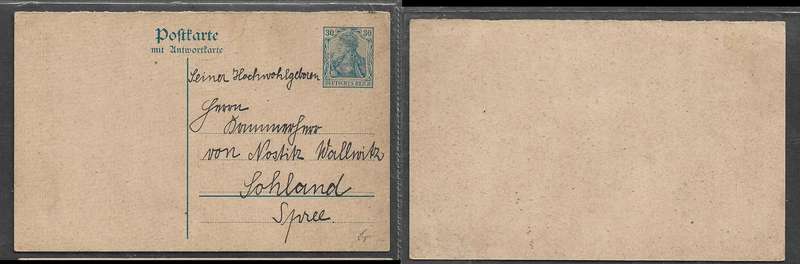 Germany. 30 Pf postal stationery reply post card (front only)  addressed but not posted