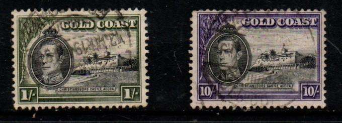 Gold Coast, GVIR, 1938, 1/-, 10/- c.d.s. used