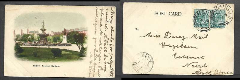 Scotland, post card, Paisley Fountain Gardens, used 1d, PAISLEY AP 27 04 cds > ESTCOURT NATAL