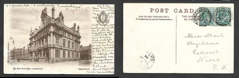 England, post card, New Post Office, Sunderland, SUNDERLAND MY 26 04 cds > ESTCOURT NATAL