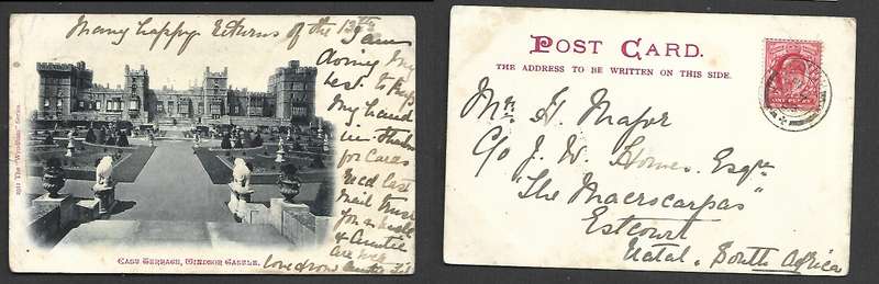 England, post card, East Terrace Windsor Castle, used 1d, SLOUGHAU 7 03 cds >  NATAL