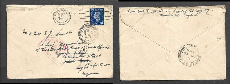 Great Britain, 2 1/2d CAMBRIDGE  16 AP 41>Nigeria, redirected EBUTE METTA > S.Africa , LAGOS transit
