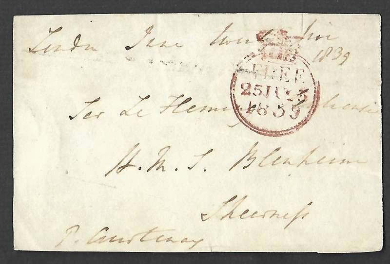 Great Britain, VRI, Free Frank, FREE 25 JU 25 1839 > H.M.S Blenheim, Sheerness (m/s)
