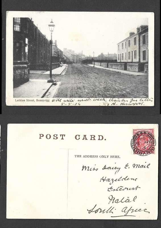 Scotland, postcard, Lothian Street, Bonnyrigg, used 1d, BONNYRIGG MY 5 04 cds  > Natal