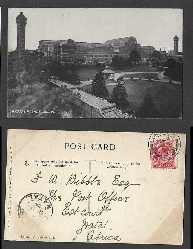 England, postcard, Crystal Palace London, used 1d, LONDON W  87  AU 26 04 cds  > ESTCOURT NATAL