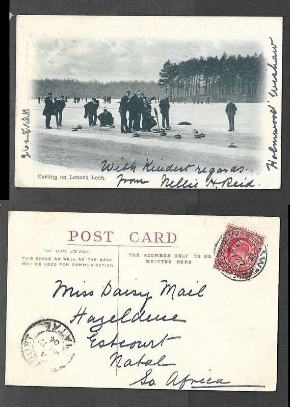 Scotland, postcard, Curling on Lanark Loch, used 1d, WISHAW  MY 27 04 cds > ESTCOURT NATAL