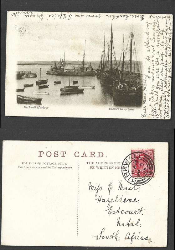 Scotland, postcard, used 1d, Kirkwall Harbour, KIRKWALL MR 8 04 cds > Natal