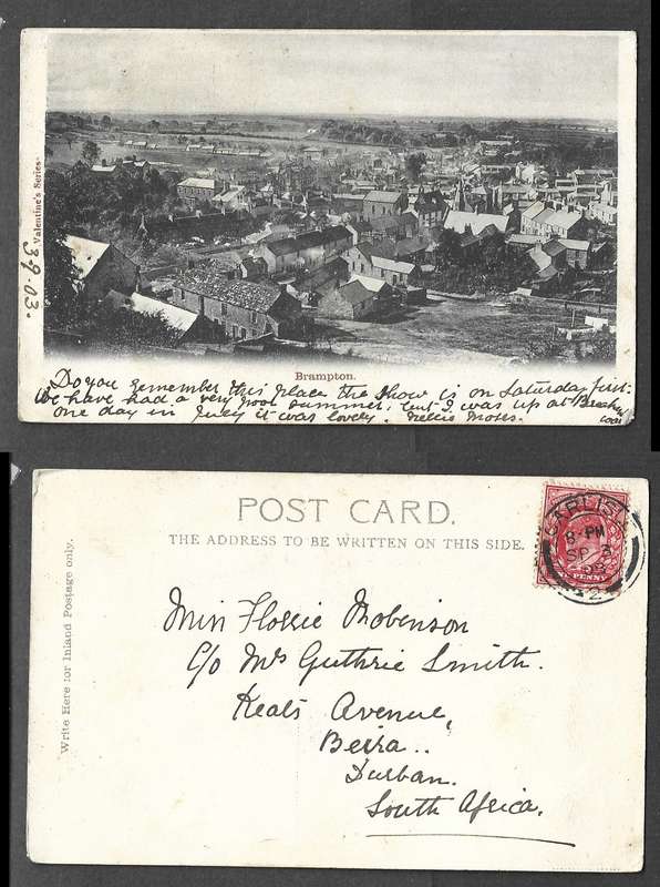 England, postcard, used 1d, Brampton, CARLISLE SP3 03 cds > Natal