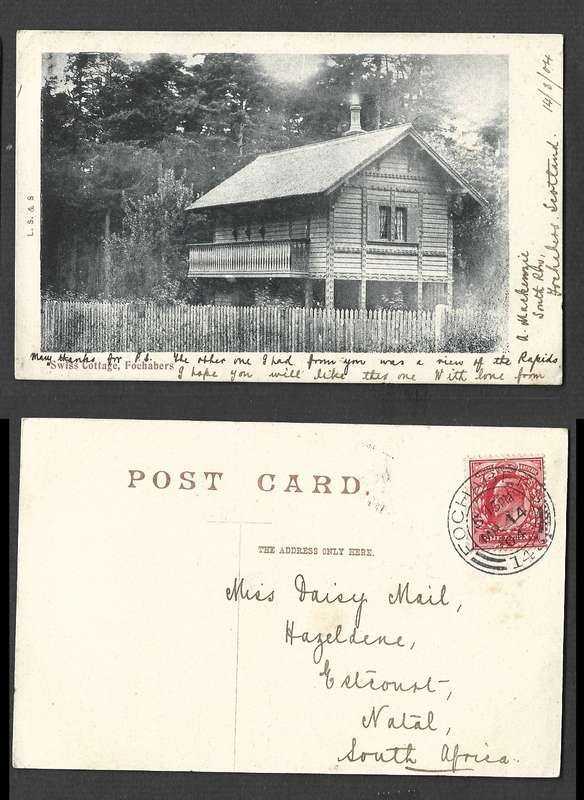 Scotland, postcard, used 1d,  Swiss Cottage Fochabers, FOCHABERS MR 14 04 cds > Natal