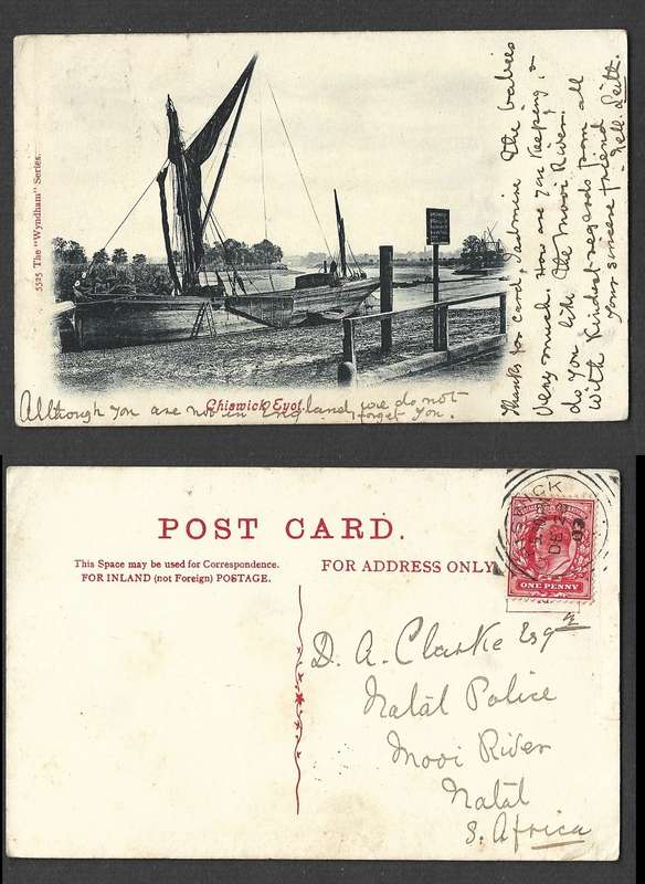 England, post card, Chiswick Eyot, used 1d, CHISWICK DEC 22 03 sq.cds >Natal