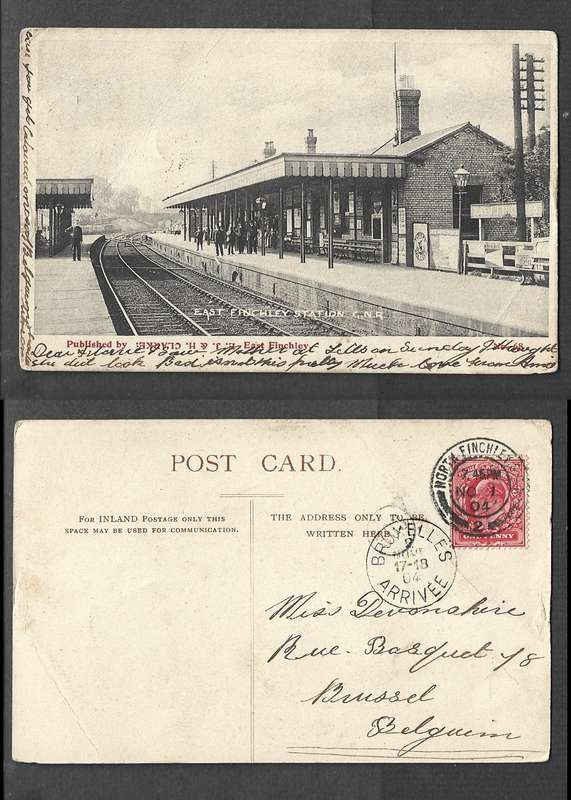 England, post card, East Finchley Station, GNR used 1d, NORTH FINCHLEY S O NO 1 04 cds > BRUXELLES