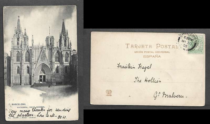 England, post card, Barcelona Cathedral (Spain), used 1/2d,  CHELTENHAM NO 20 05 c.d.s. > England