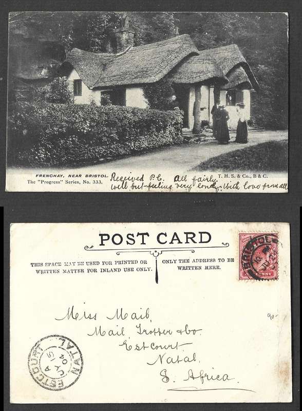 England, post card, Frenchay near Bristol, BRISTOL JU 24 04 c.d.s. > ESTCOURT NATAL