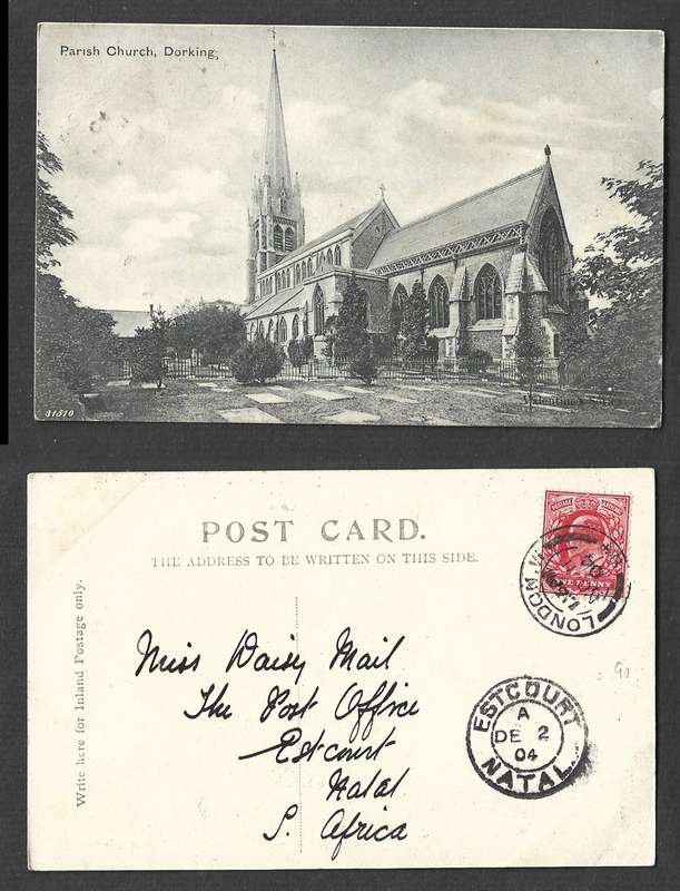 England, post card, Parish Church Dorking, LONDON.W -94 - NO 11 04  c.d.s. > ESTCOURT NATAL