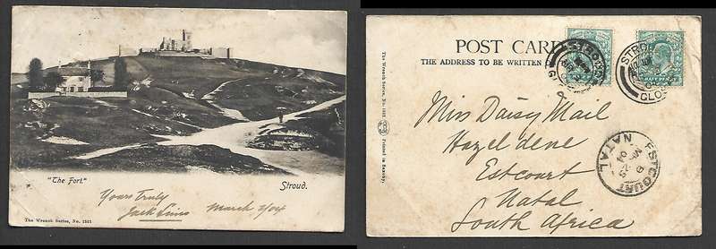 England, The Fort, Stroud, 2x 1/2d, perfined SP Co Ld, STROUD MR3 04 cds> ESTCOURT NATAL MR 25 04