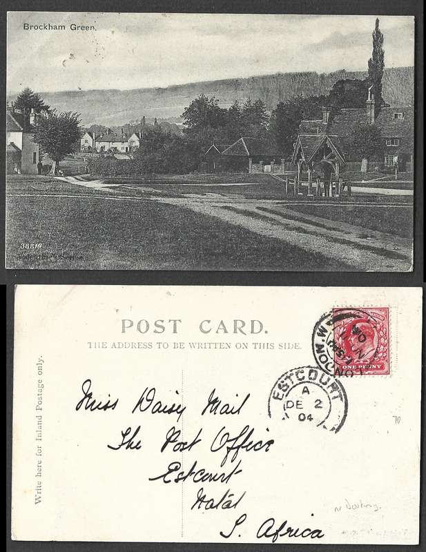 England, post card, Brockham Green, used 1d, LONDON.W. NO 11 04. c.d.s. > ESTCOURT NATAL