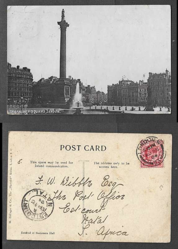 England, post card, Trafalgar Square, London, used 1d, LONDON.W -93. AU 26 04 cds> ESTCOURT NATAL