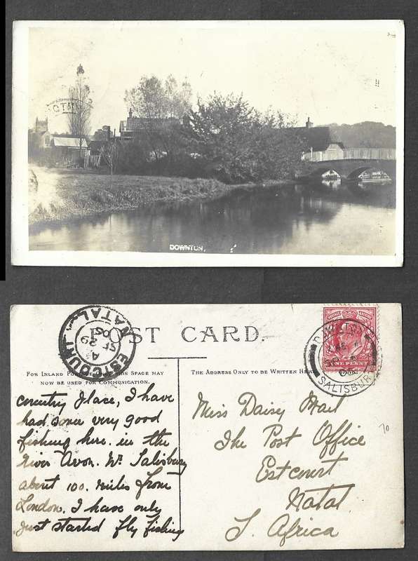 England, post card, Downton, used 1d, DOWNTON SALISBURY SP 6 05 cds> ESTCOURT NATAL