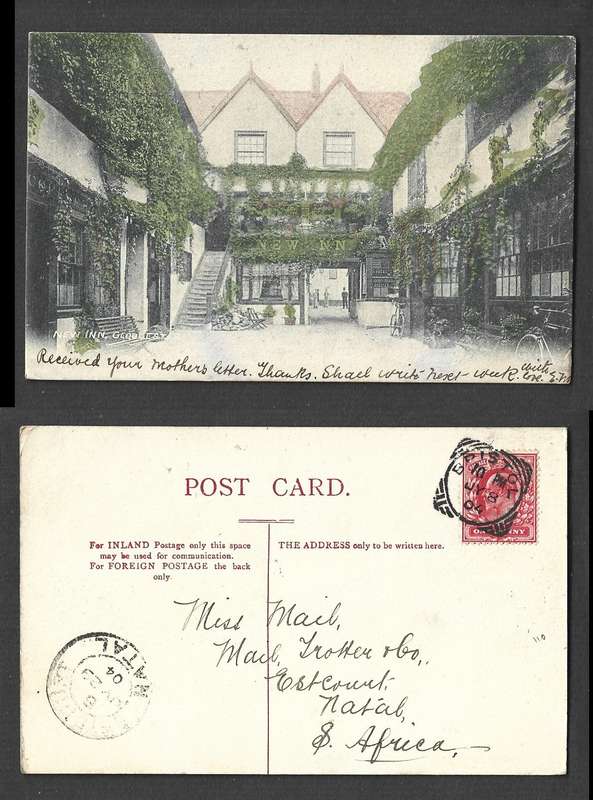 England, post card, New Inn Gloucester, used 1d, BRISTOL -11- JY 8 04 sq. cds> ESTCOURT NATAL