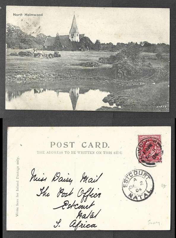 England, post card, North Holmwood (Surrey), used 1d, LONDON W NO 11 O4 cds > ESTCOURT NATAL
