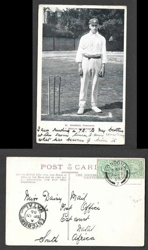 England, post card, W. Rhodes, Yorkshire, used 1d, LONDON W .7. AU 25 05 cds > ESTCOURT NATAL