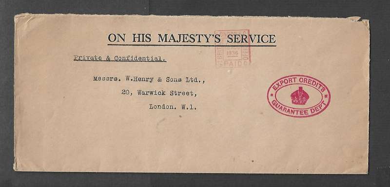 Great Britain EVIIIR, EXPORT CREDITS GUARANTEE DEPT,  LONDON OFFICIAL PAID  10 AUG 1936