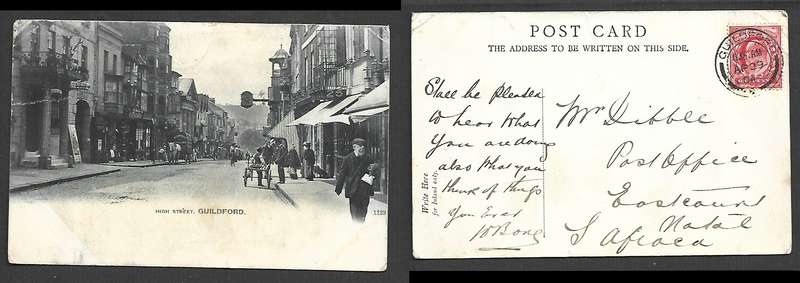 England. High Street, Guildford, used 1d, GUILDFORD AP 29. 04 cds> Natal, S.Africa