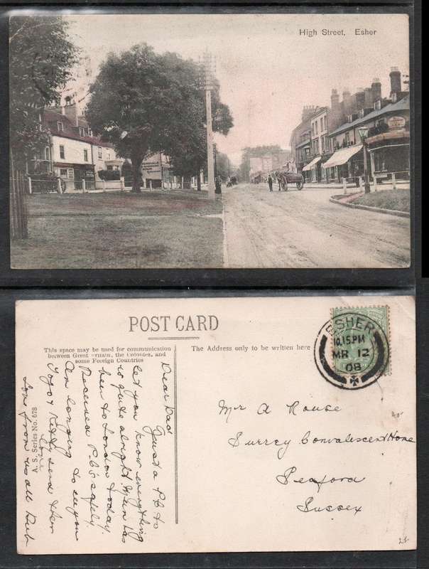 England, Surrey, PPC, High Street, Esher, used 1/2d, ESHERMR 12 08 cds > Seaford, Sussex