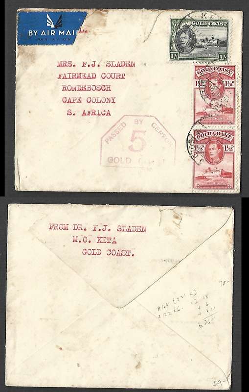 Gold Coast, air mail, 1s3d, KETA 4 III 44 cds > South Africa PASSED BY CENSOR 5 GOLD COAST