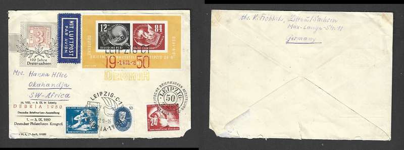East Germany DEBRIA 1950 bloc, Mansfield Copper 750, Adolf Harnack 50c LEIPZIG 2.9.50 > S.W.Africa,