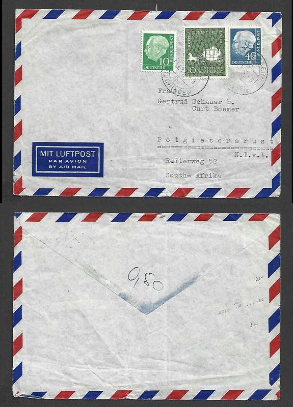 Germany, Federal republic, 60pf, airmail, (unreadable) 19.3.58 cds > S. Africa