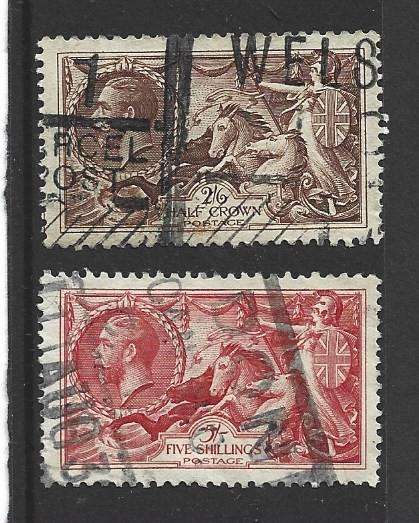 Great Britain, GVR, 1934, 2s6d, 5/- seahorses, re-engraved, used, heavy parcel cancellation