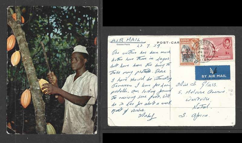 Ghana, Post card , Coco Pods & harvester,  8d air mail ACCRA 21 JY 59 > S.Africa