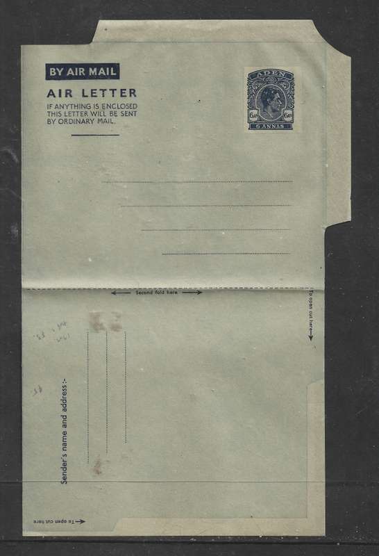Aden GVIR 1949 Air Letter Sheet, 6 Annas, text 1, unused.
