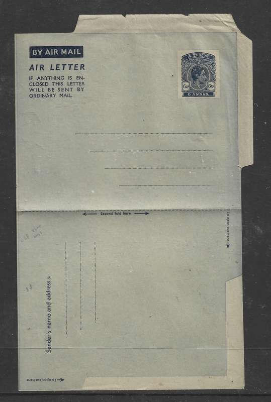 Aden GVIR 1949 Air Letter Sheet, 6 Annas, text 2, unused.