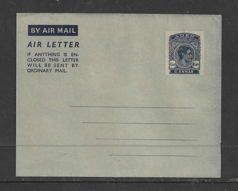 Aden GVIR 1949 Air Letter Sheet, 6 Annas, text 2, unused, flaps stuck down.