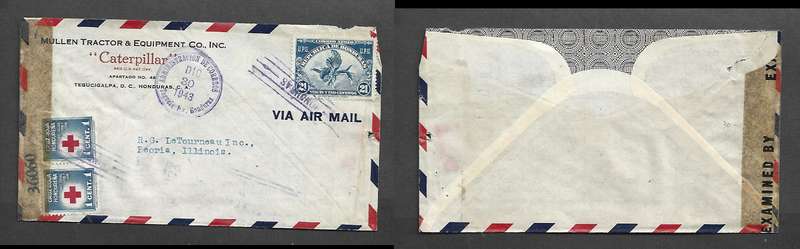 Honduras, 21 cents cover HANDURAS DIC 30 1943 > Illinois, USA censor closing tape