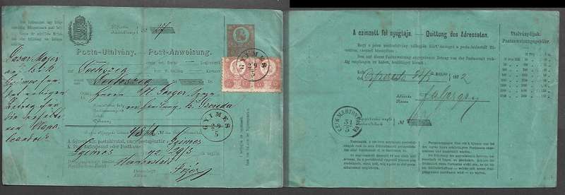 Hungary Postal / Money order, 5 Kr, & 2 x 5 kr stamps, GYIMES 29 /5 (1872 m/s) > CISK MARTON???31/5