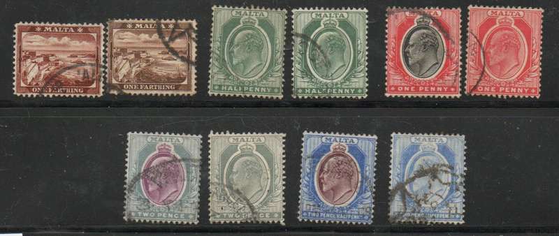 Malta, 1904-14, 1/4d, 1.2d, 1d, 1 1/2d, 2 1/2d, 2 shades each, used