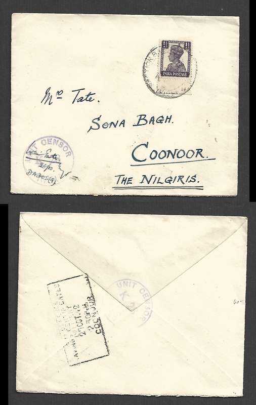 India, cover, 1 1/2a,SECTION BASE? cds > Coonoor, UNIT CENSOR K24 26/10 ms COONOOR 27 OC 42 cachet