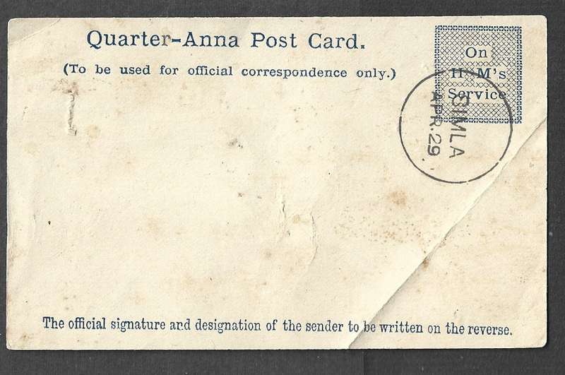 India, 1/4 anna post card On  HM's Service, used c.t.o. SIMLA AP 29 c.d.s.
