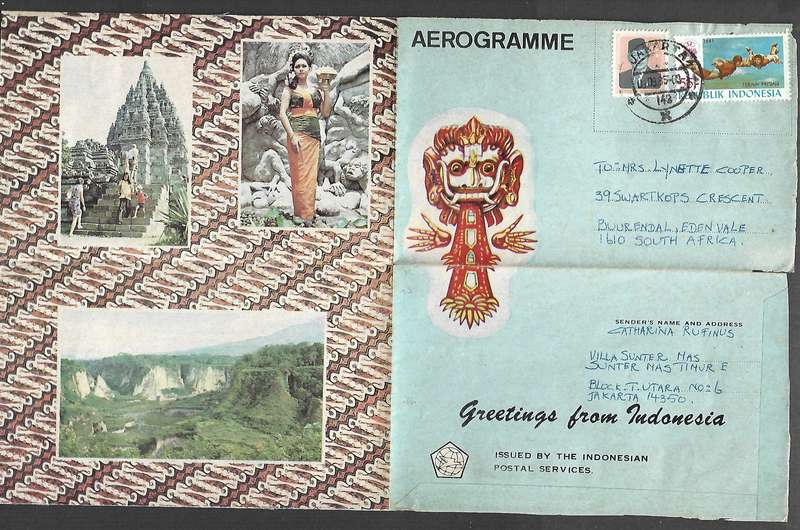 Indonesia, Aerogramme with adhesives JAKARTA 09.09.85 > S. Africa
