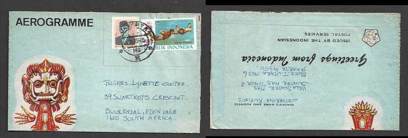 Indonesia, Aerogramme with adhesives JAKARTA 09.09.85 > S. Africa
